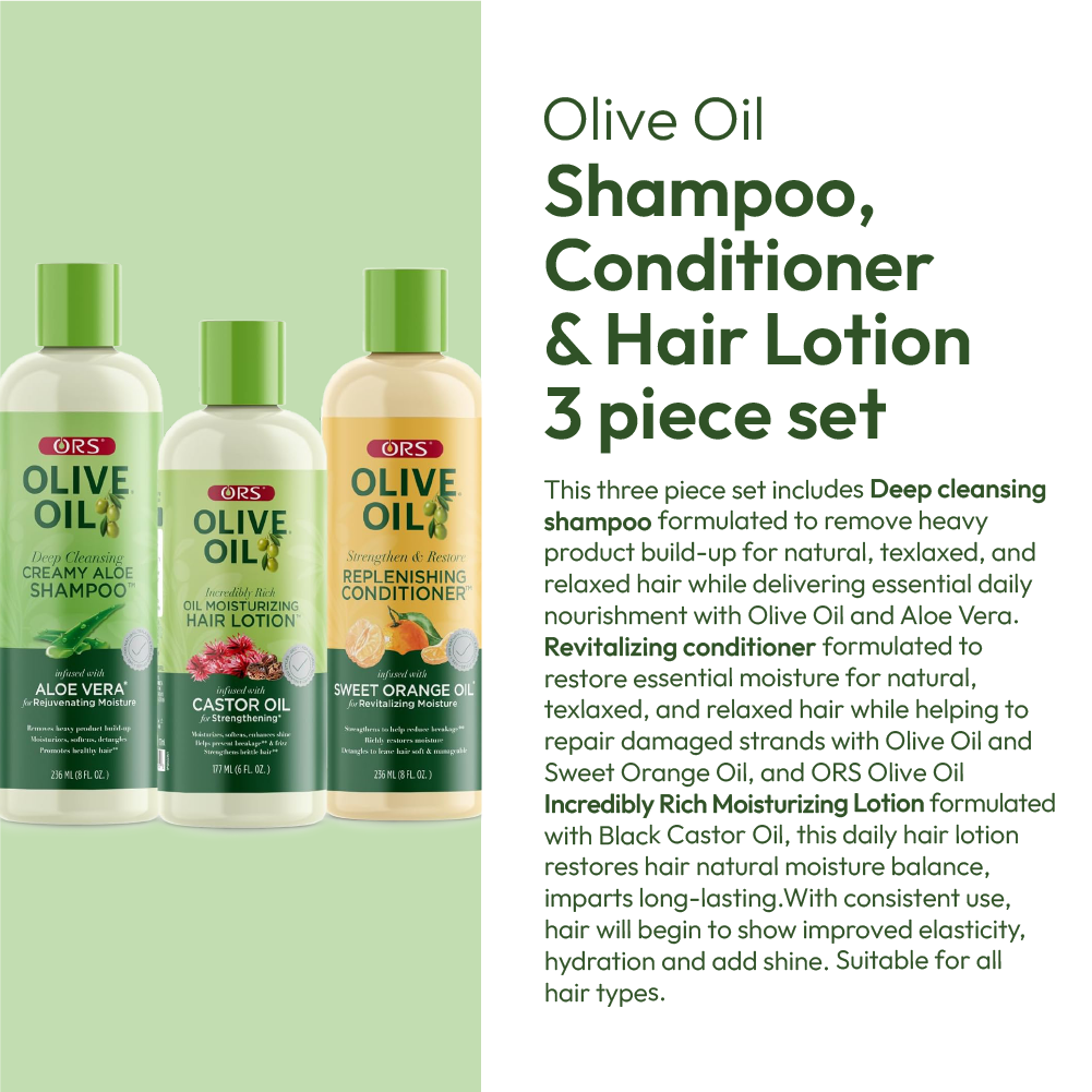 ORS Olive Oil Shampoo, Conditioner & Hair Lotion for Moisture & Strengthening 3-Piece Set