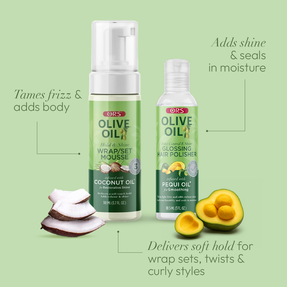 ORS Olive Oil Hair Polisher & Wrap Set Mousse for Smoothing & Restorative Shine 2-Piece Set