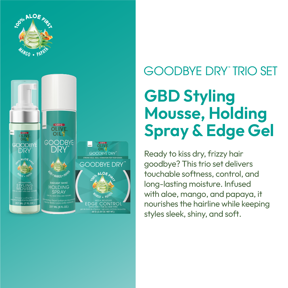 ORS Olive Oil Goodbye Dry Styling Mousse, Edge Control & Holding Spray 3-Piece Set