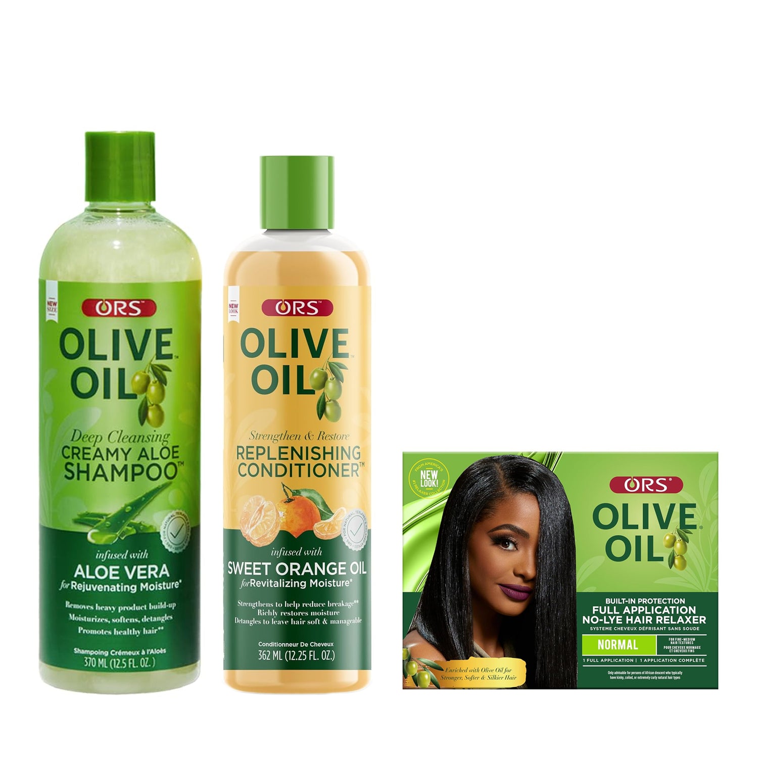 ORS Olive Oil Shampoo, Conditioner &amp; Full Application No-Lyer Relaxer 3-Piece Set